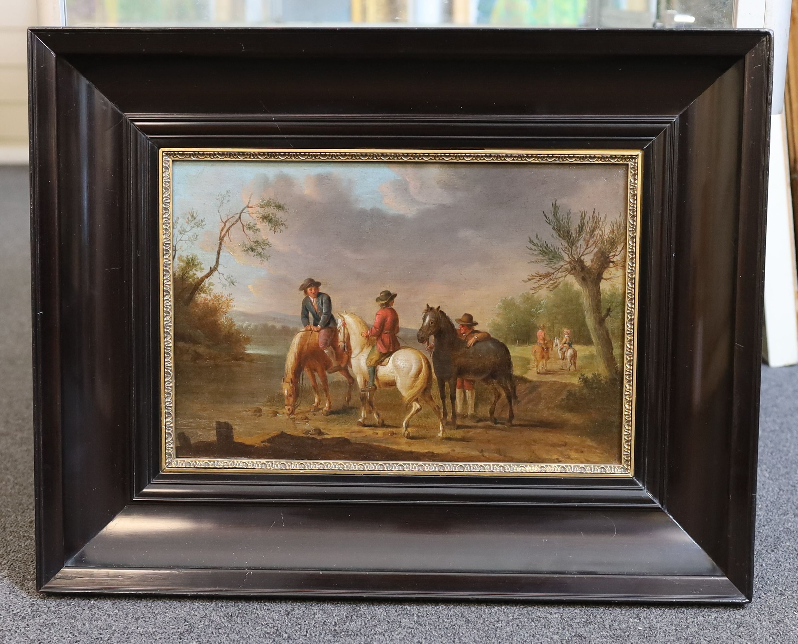 17th Century Flemish School, Horse riders in a landscape, oil on wooden panel, 24 x 36cm